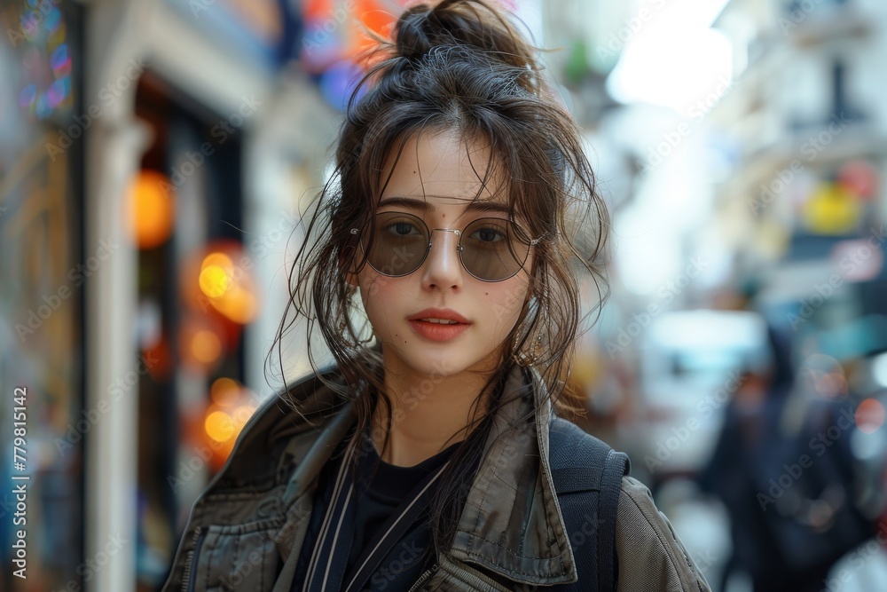An urban young woman in round glasses gives a relaxed yet stylish pose on the city streets