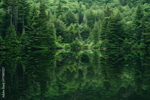 Serene Forest Reflection on Still Lake at Twilight © Ilia Nesolenyi