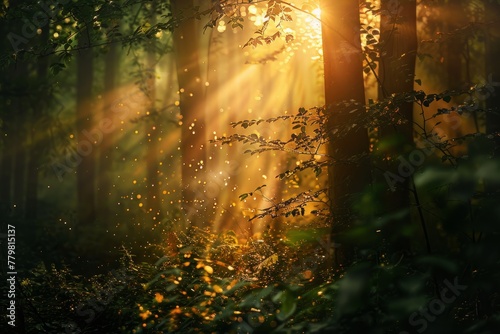 Sunlight Filtering Through Forest at Dawn