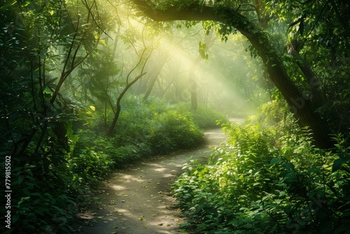 Sunlit Path in Lush Green Forest at Dawn