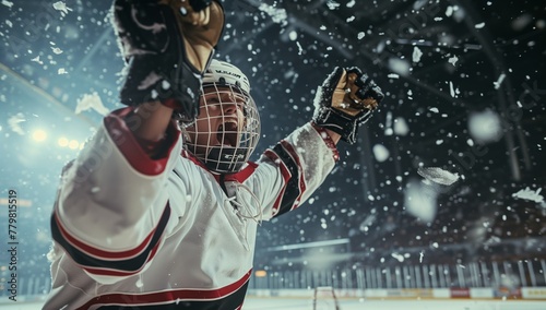 hockey player celebrating victory in ice rink as his goalie in the game