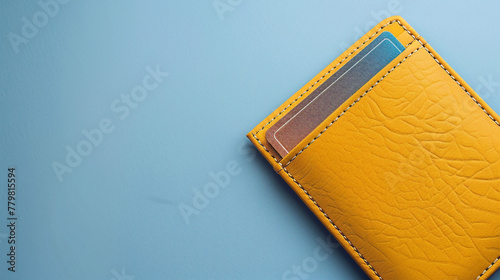 Secure Financial Transactions: Yellow Wallet with Credit Card on Blue Background - Banking Made Easy