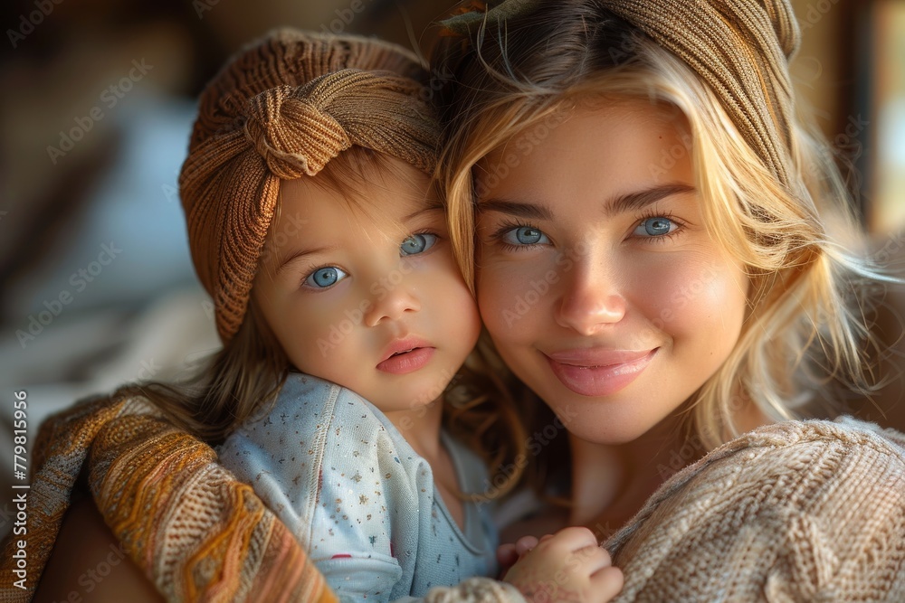 A lovely young mother and her toddler daughter with blue eyes and matching headwraps share a moment A lovely young mother and her toddler daughter with blue eyes and matching headwraps share a moment