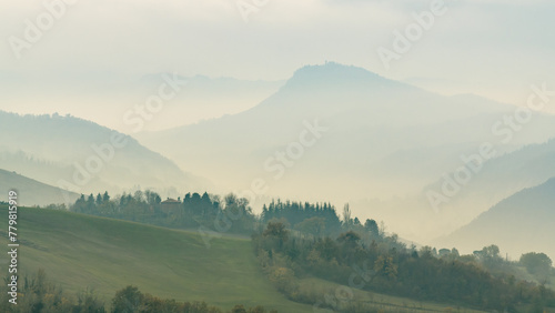 Misty hills and mountains. Apennine Mountains near Bologna, Emilia-Romagna, Italy photo