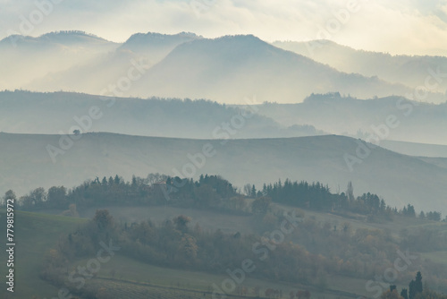 Misty hills and mountains. Apennine Mountains near Bologna, Emilia-Romagna, Italy photo