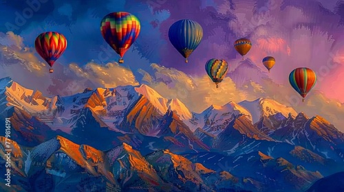 Behold the spectacle of vibrant hot air balloons rising above the rugged mountains  a dance of colors in the early morning light.