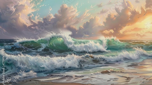 Capture the majestic power of ocean waves as they crash onto the shore, embodying the raw beauty and energy of nature. This scene evokes a sense of awe and respect for the sea's untamed spirit.
