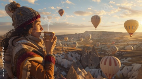 Woman drinking tea while looking at hot air balloons in the morning photo