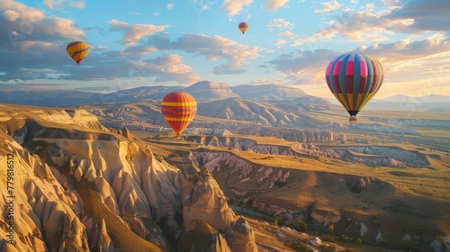 Capture the serene beauty of colorful hot air balloons gliding over majestic mountains, offering a bird's-eye view of nature's grandeur. --ar 16:9 Job ID: 7fdb2d38-4d9f-4f5d-831d-5e5d949c94e9