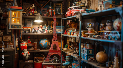 Nostalgic Toy Collection, Vintage Miniature Marketplace with Eiffel Tower