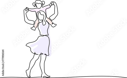 Happy Mother with children daughter on shoulders. Continuous one line
