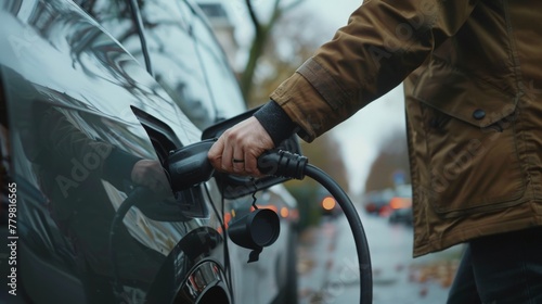 A close-up scene capturing the moment a man plugs a charger into his electric car, emphasizing eco-friendly travel choices