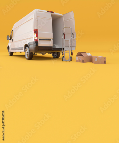 White van on a yellow background with a selection of delivery boxes being collectected concept 3d render