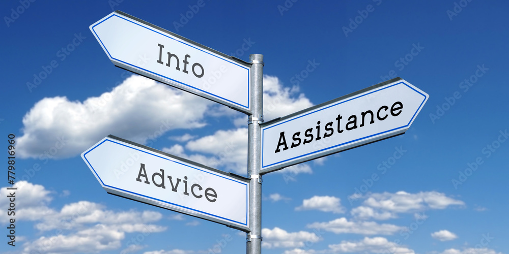Info, advice, assistance - metal signpost with three arrows Info, advice, assistance - metal signpost with three arrows