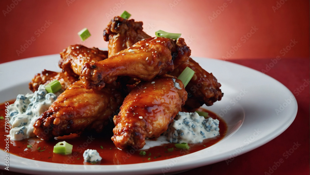 A plate of spicy chicken wings served with celery sticks and blue cheese dipping sauce, against a fiery red background.