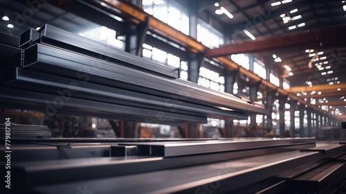 Photograph of steel beams in factory environment. Modern factory with storage of steel beams.