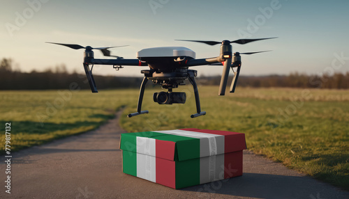 A drone flying with a package  illustrating the transformation of the shopping experience in Italy.