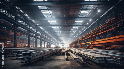 Photograph of steel beams in factory environment. Modern factory with storage of steel beams.