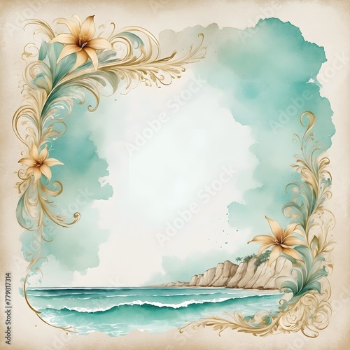 Design-Vorlage - Aquarell-Stil - Blick auf's Meer von Blüten umrahmt photo