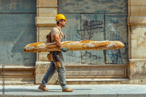 A construction worker walks with a giant baguette under his arm