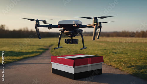 A drone flying with a package, illustrating the transformation of the shopping experience in Yemen.
