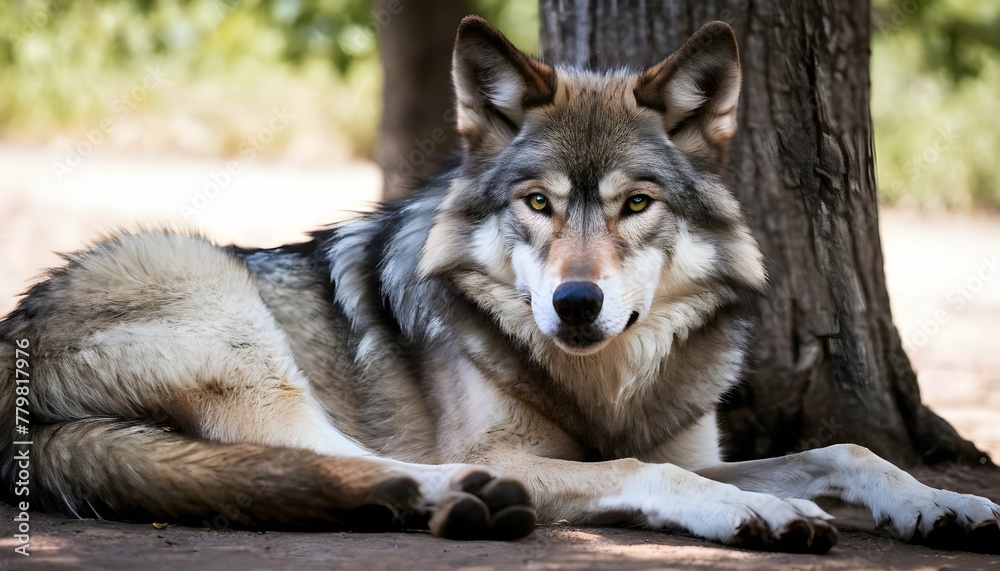 A-Wolf-With-A-Relaxed-Posture-Lounging-In-The-Sha- 2