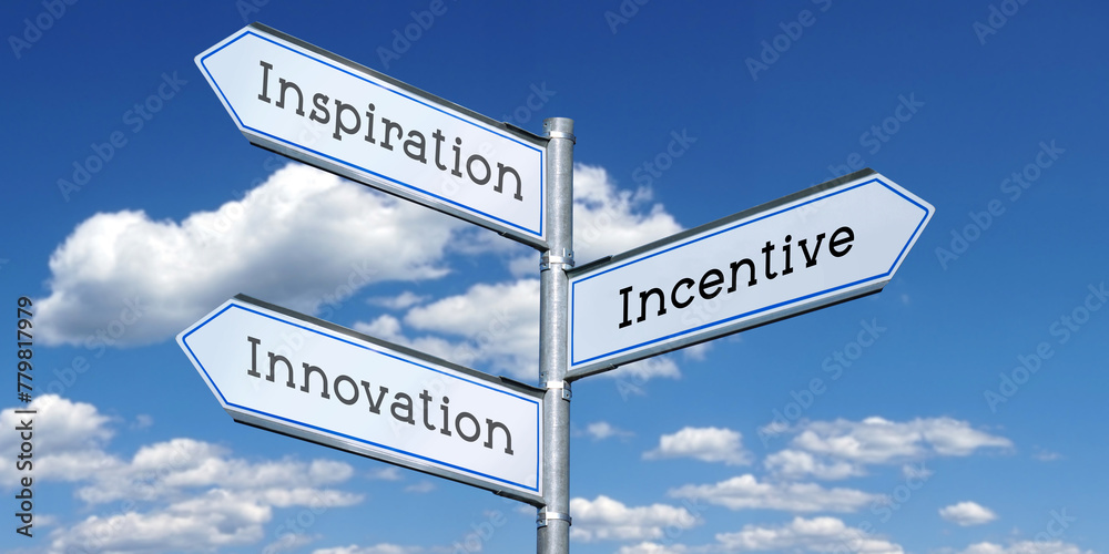 Inspiration, incentive, innovation - metal signpost with three arrows Inspiration, incentive, innovation - metal signpost with three arrows