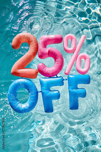 Summer sale 25 percent discount. Overhead view of a swimming pool with inflatable pool floats