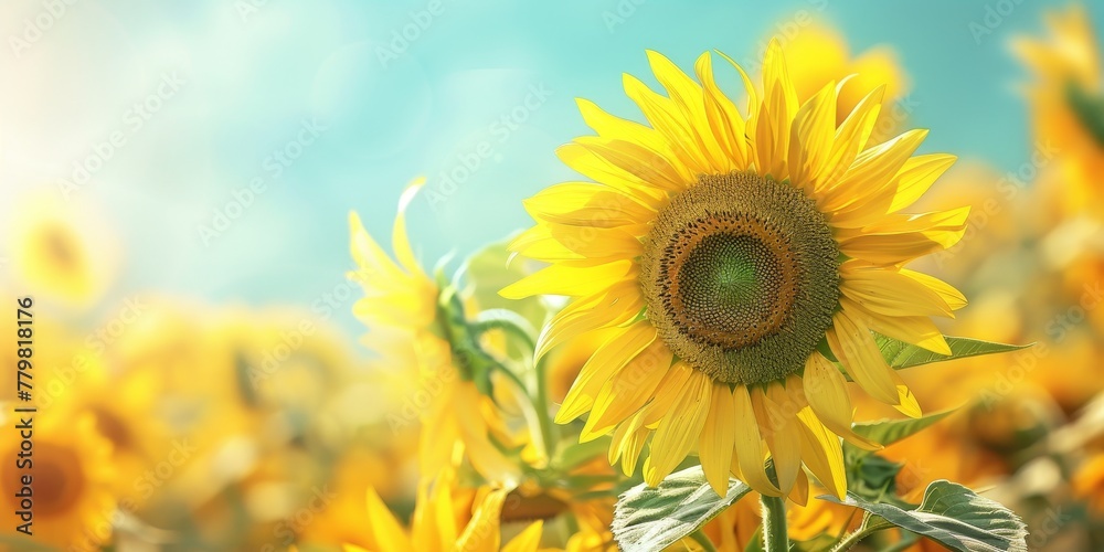 Obraz premium A yellow sunflower is the main focus of the image, surrounded by other yellow flowers. The bright yellow color of the sunflower and the other flowers creates a cheerful and uplifting mood