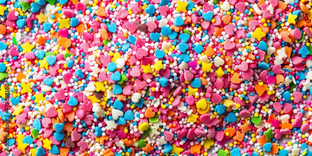 A colorful pile of candy sprinkles with hearts and stars. Concept of fun and playfulness, as the sprinkles are scattered in a rainbow of colors and shapes A colorful pile of candy sprinkles with hearts and stars. Concept of fun and playfulness, as the sprinkles are scattered in a rainbow of colors and shapes