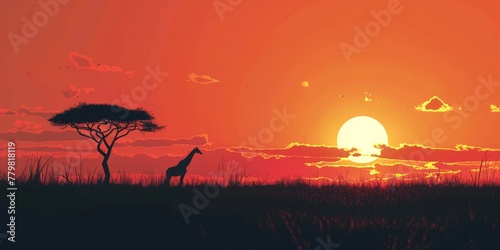 A giraffe is walking in a field with a tree in the background. The sky is orange and the sun is setting