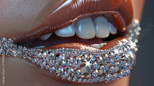 Close up of woman lips shining full of diamonds
