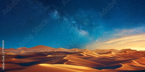 A desert landscape with a large, bright star in the sky. The sky is filled with stars and the moon is visible. The scene is peaceful and serene, with the vast expanse of the desert