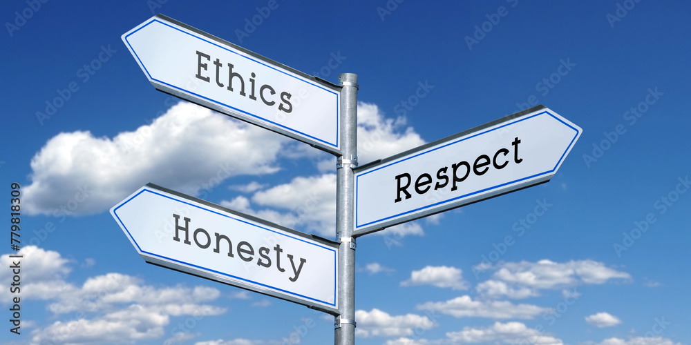 Ethics, respect, honesty - metal signpost with three arrows Ethics, respect, honesty - metal signpost with three arrows