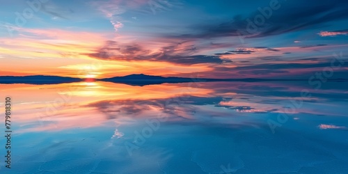 A beautiful sunset over a calm body of water. The sky is filled with clouds, and the sun is setting, casting a warm glow over the scene
