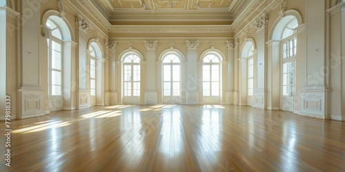 A large, empty room with a lot of windows and a high ceiling. The room is very spacious and has a lot of natural light coming in through the windows
