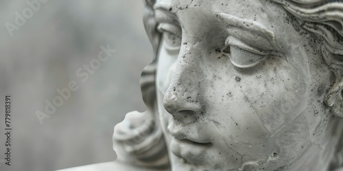 A statue of a woman with a face that is chipped and worn. The statue is made of stone and has a very old and worn appearance