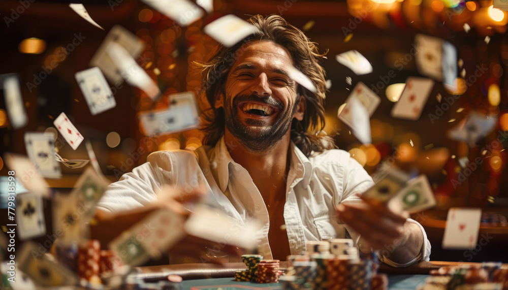 A man is laughing and throwing poker chips in the air