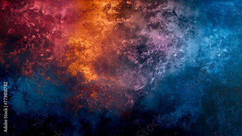 Colourful grunge grainy outer space nebula background gradient, blue, orange, red and black noise texture backdrop design