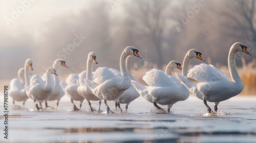 a flock of geese walking on the lake.AI generated image photo