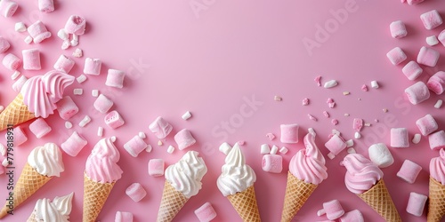 A row of ice cream cones with pink and white ice cream and pink and white sprinkles