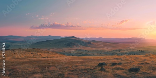 A beautiful sunset over a vast, empty field. The sky is filled with clouds, and the sun is setting in the distance. Scene is peaceful and serene, as the empty field