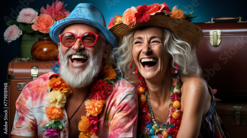 A senior couple in festive tropical attire laugh heartily, surrounded by luggage ready for travel. Couple laugh heartily, Dressed for a Tropical Vacation © angellodeco