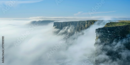 The sky is cloudy and the mountains are covered in fog. The misty atmosphere gives the scene a mysterious and serene mood