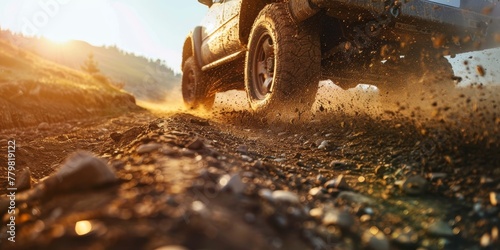 A dirty truck is driving on a dirt road. The road is full of rocks and dirt  and the truck is kicking up a lot of dust. The scene is rugged and wild  with the truck being the only vehicle on the road