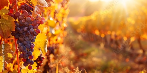 A bunch of grapes hanging from a vine. The grapes are ripe and ready to be picked. The vine is surrounded by leaves and the sunlight is shining on the grapes