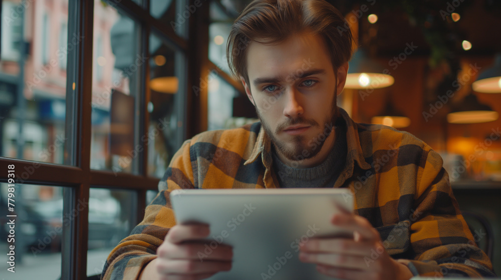 Young man is sitting and working with a notebook tablet seriously. Generative AI. Y004 Young man is sitting and working with a notebook tablet seriously. Generative AI. Y004
