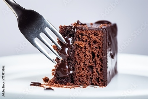 Close-up display of fork with piece of cake on light background, depicting human reliance on food photo