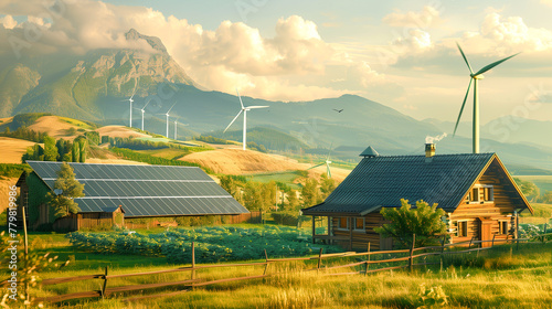 A small farmer's house with photovoltaic panels in the countryside. Renewable energy, photovoltaics, windmills, farm. Mały farmerski domek z panelami fotowotaicznymi na wsi. Energia odnawialna. photo