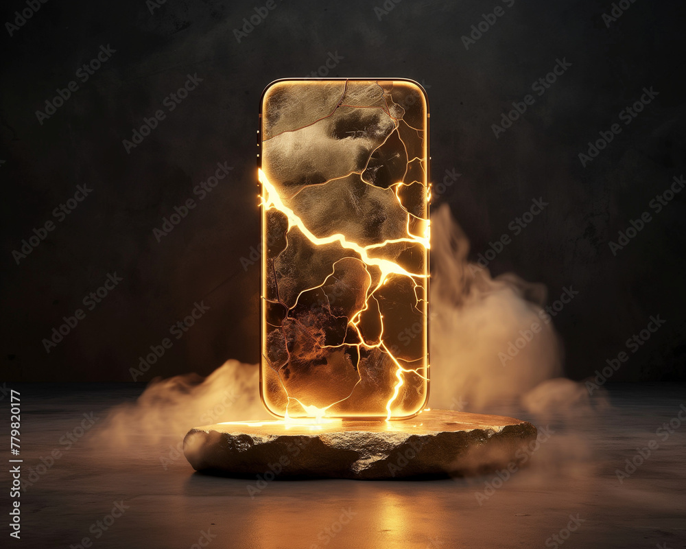 Unleash the Power: Golden Lightning Infused Smartphone on a Mystical Rock Surface